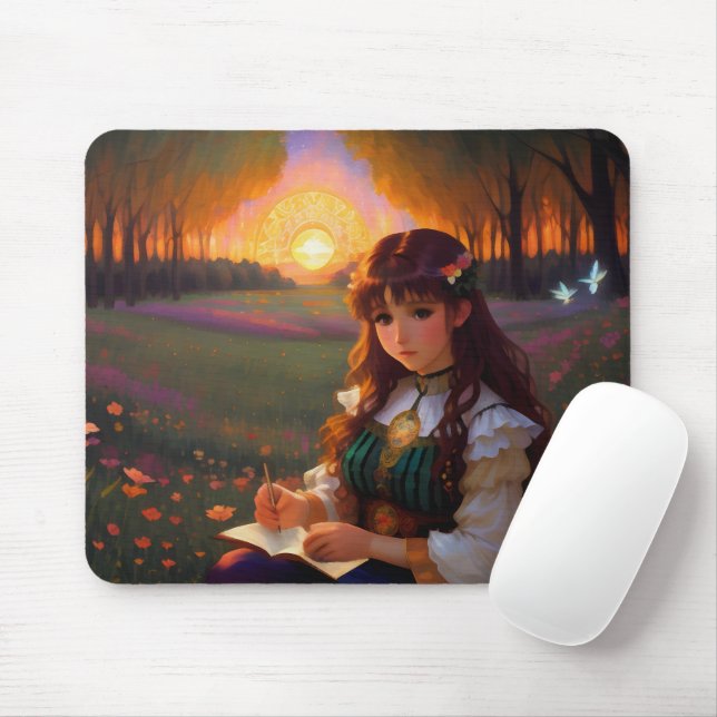 Niedliche Frau im Stile trauriger Anime bei Sonnen Mousepad (Mit Mouse)
