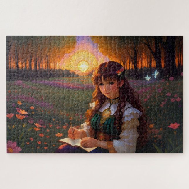 Niedliche Frau im Stile trauriger Anime bei Sonnen Puzzle (Horizontal)