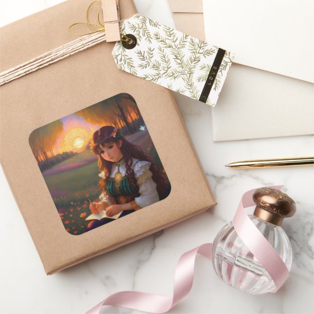 Niedliche Frau im Stile trauriger Anime bei Sonnen Quadratischer Aufkleber (Schenken)