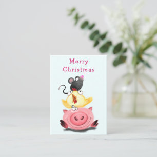 Niedliche Freunde Piggy Chick and Mouse Christmas Mitteilungskarte