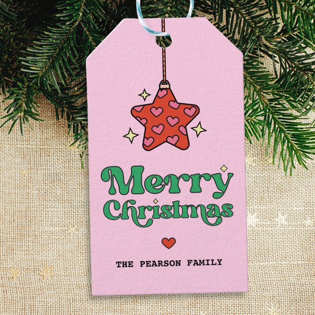 Niedliche Frohe Weihnachts-Herz-Muster Star-Orname Geschenkanhänger (cute retro sparkly red star ornament with hearts merry christmas gift tag)