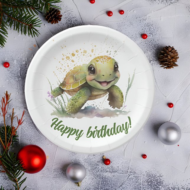 Niedliche fröhliche Tortoise Editable Text Paper T Pappteller (Make your birthday slow and steady with our adorable tortoise paper plates! 🎉🐢 #BirthdayFun)