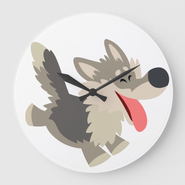 Niedliche Frolicous Cartoon Wolf Wall Clock Große Wanduhr (Vorderseite)