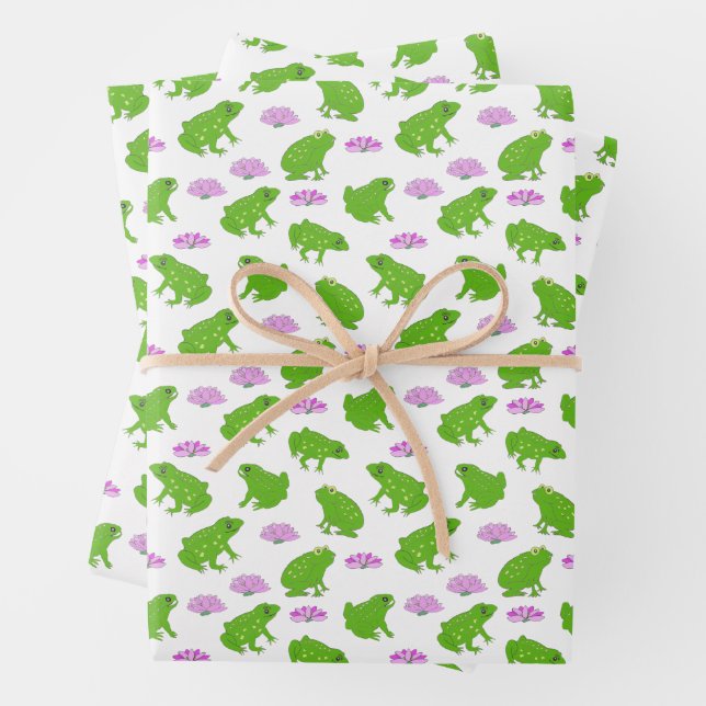 Niedliche Frösche Lily Pads Pink und Green Doodle  Geschenkpapier Set (Beispiel)