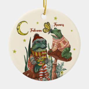 Niedliche Froschfrösche auf Pilzkraut Weihnachtsfe Keramik Ornament
