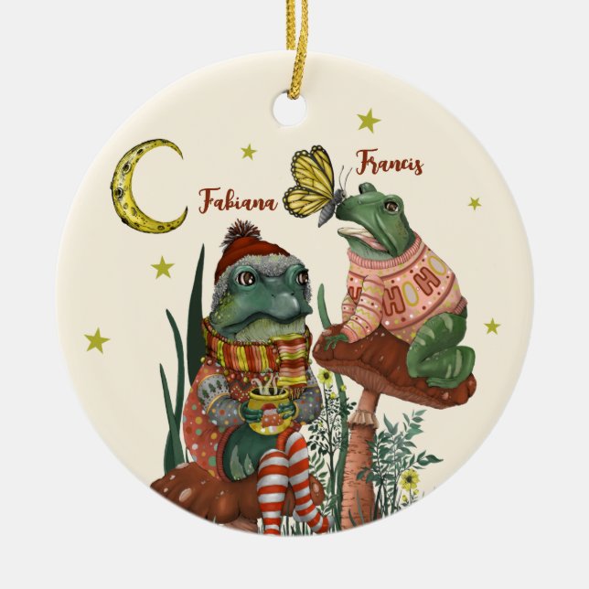 Niedliche Froschfrösche auf Pilzkraut Weihnachtsfe Keramik Ornament (Vorne)