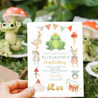 Niedliche Froschspielzeug-Hütte zum ersten Geburts Einladung