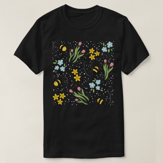 Niedliche Frühlingsbienen Tulips und Affodils Blum T-Shirt (Design vorne)