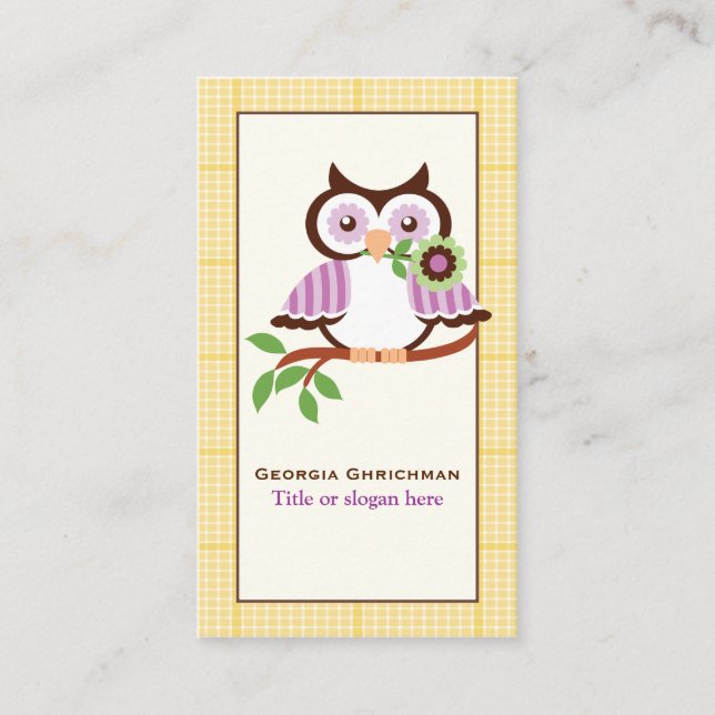 Niedliche Frühlingseule auf einem Ast, gelbe karie Visitenkarte (Vorderseite)