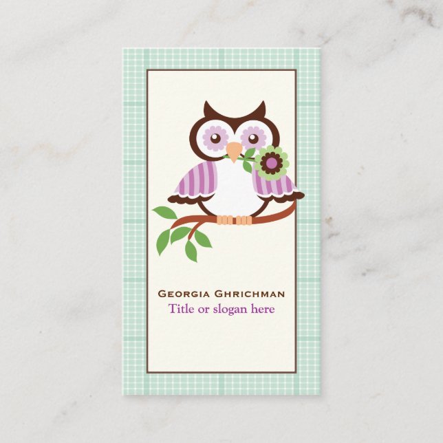 Niedliche Frühlingseule mit Minzgrün karierte Gren Visitenkarte (Vorderseite)
