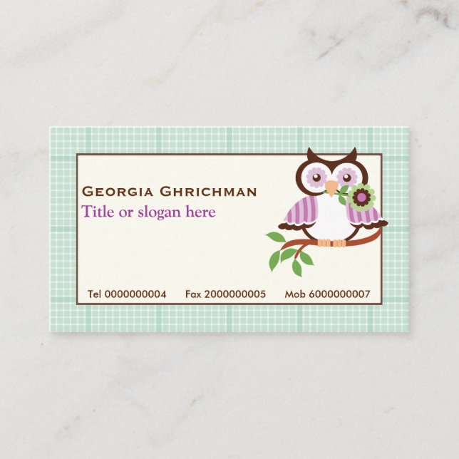 Niedliche Frühlingseule mit Minzgrün karierte Gren Visitenkarte (Vorderseite)