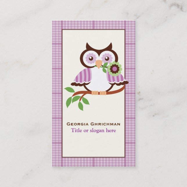 Niedliche Frühlingshaube auf einem Ast, lila karie Visitenkarte (Vorderseite)