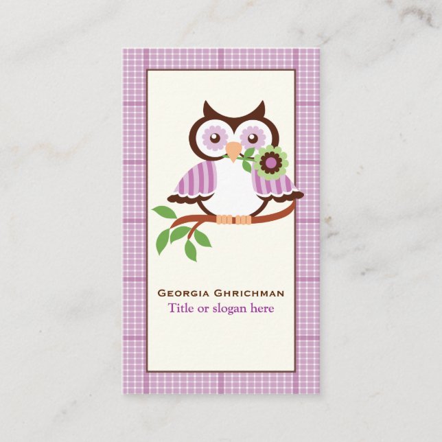 Niedliche Frühlingshaube auf einem Ast, lila karie Visitenkarte (Vorderseite)