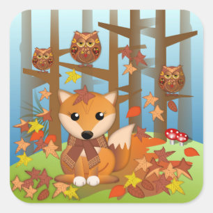 Niedliche Fuchs und Eulen im Herbst Quadratischer Aufkleber