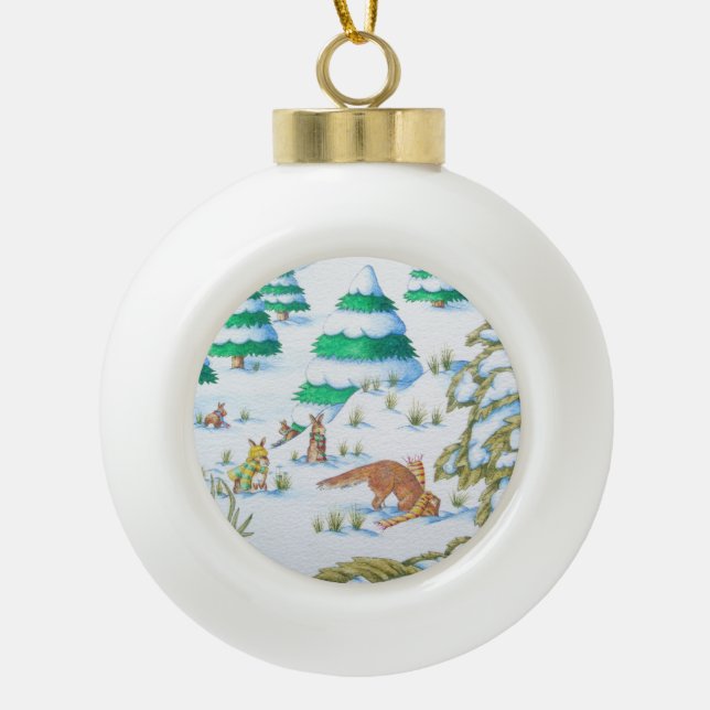 niedliche Fuchs- und Kaninchenlandschaft Keramik Kugel-Ornament (Vorderseite)