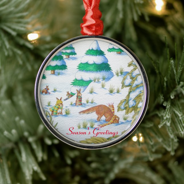 niedliche Fuchs- und Kaninchenschneeszene Silbernes Ornament (Baum)