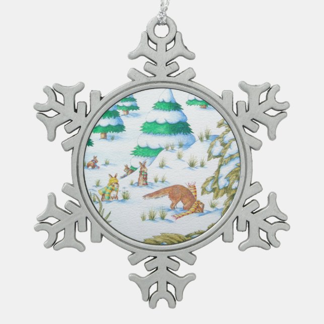 niedliche Fuchs- und Schneeflocken Zinn-Ornament (Vorderseite)