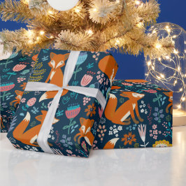 Niedliche Füchse Blume und Vogelmuster 2 Geschenkpapier