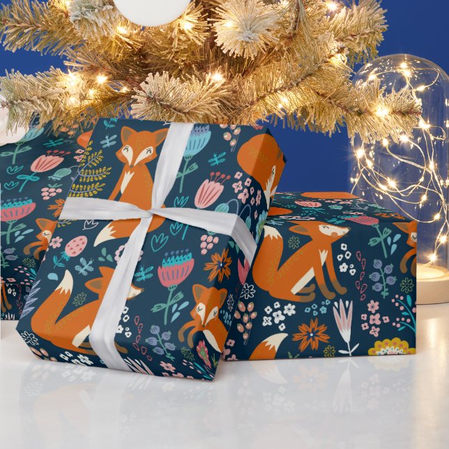 Niedliche Füchse Blume und Vogelmuster 2 Geschenkpapier (Feiertage)