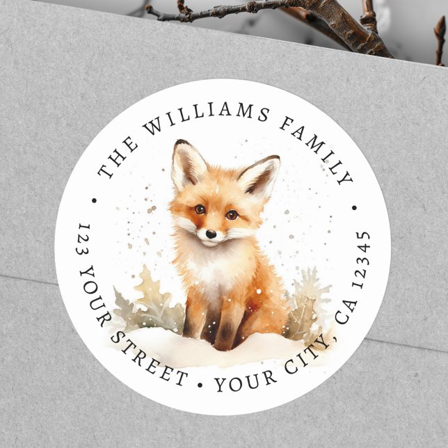 Niedliche Fuchsfarben-Rücksendeadresse Runder Aufkleber (Cute fox watercolor return address classic round sticker)