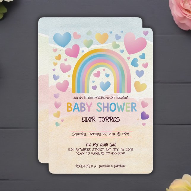 Niedliche Fun Hearts und Rainbow Baby Shower Einladung (Von Creator hochgeladen)