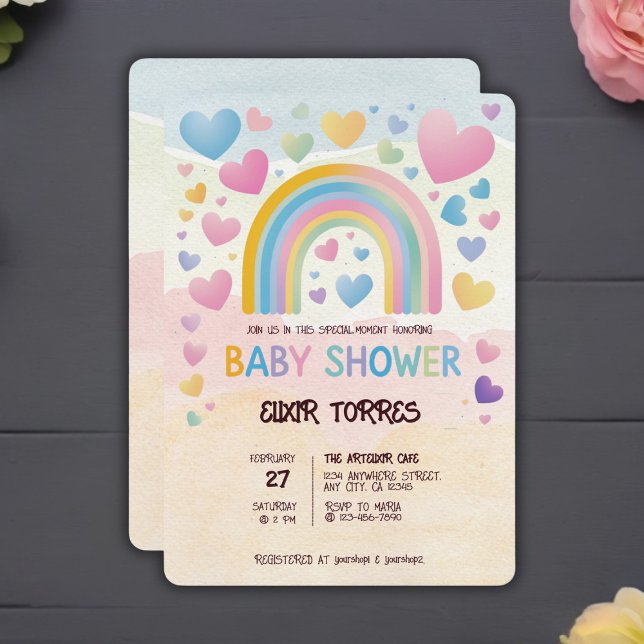 Niedliche Fun Hearts und Rainbow Baby Shower Einladung (Von Creator hochgeladen)