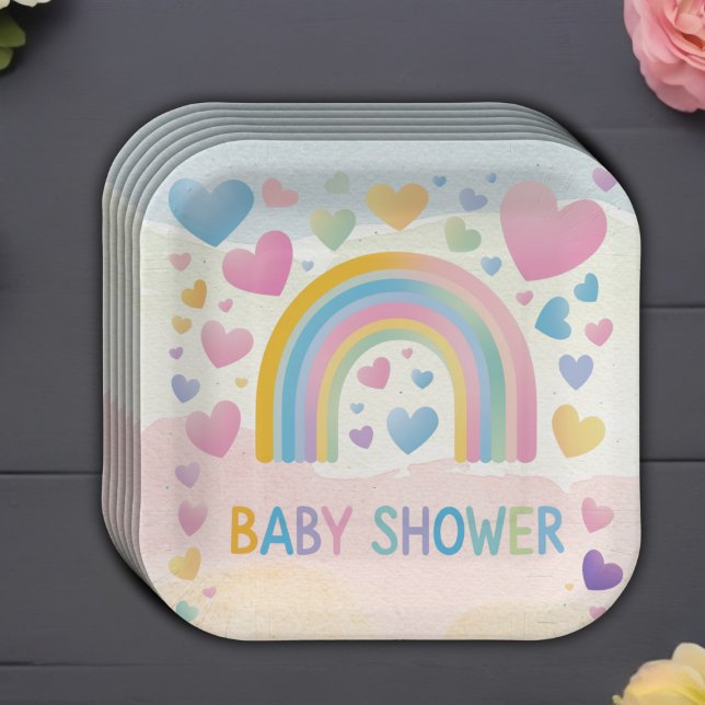 Niedliche Fun Hearts und Rainbow Baby Shower Pappteller (Von Creator hochgeladen)