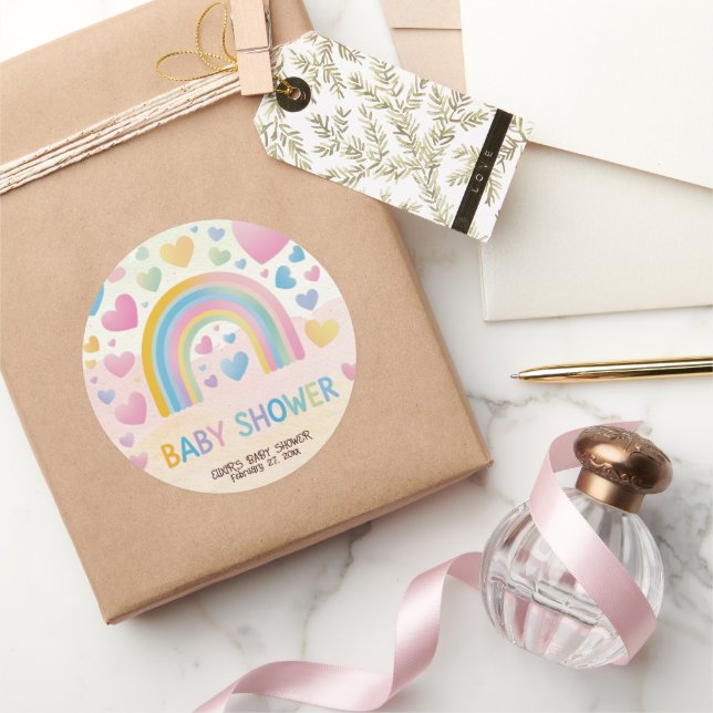 Niedliche Fun Hearts und Rainbow Baby Shower Runder Aufkleber (Schenken)
