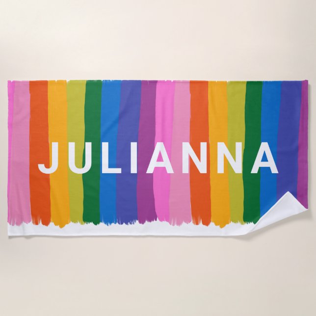 Niedliche Fun Rainbow Stripes Personalisiert Strandtuch (Vorderseite)