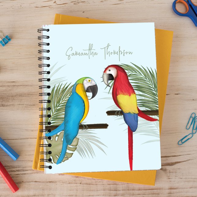 Niedliche Fun Typografie Tropische Personalisiert Notizbuch (Colorful Whimsical watercolor perky parrots notebook.)