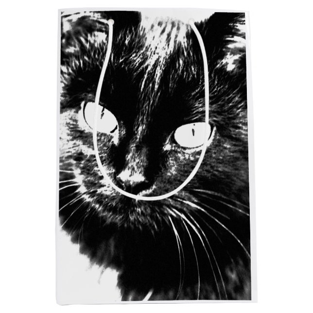 Niedliche Funky Black Cat Kitten Eyes Sketch Mittlere Geschenktüte (Vorderseite)