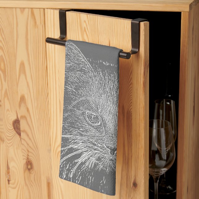 Niedliche Funky Cat Kitten Eyes Face Sketch Geschirrtuch (Drittel gefaltet)