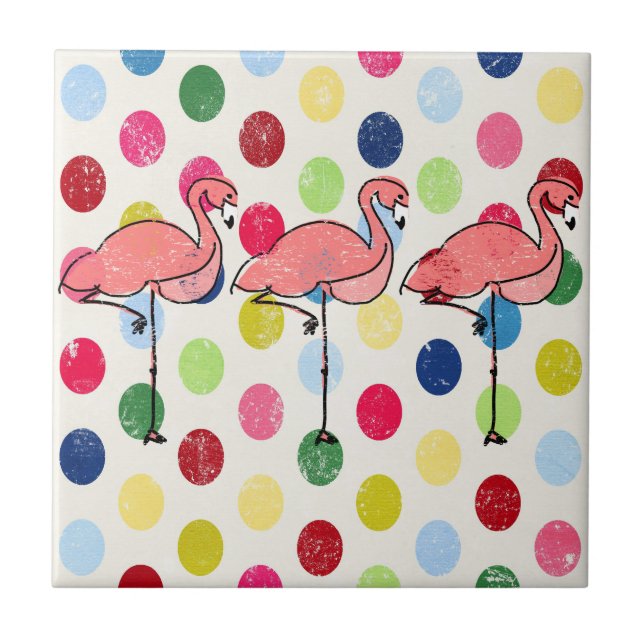 Niedliche Funky Flamingo-bunte Polka-Punkte Fliese (Vorderseite)