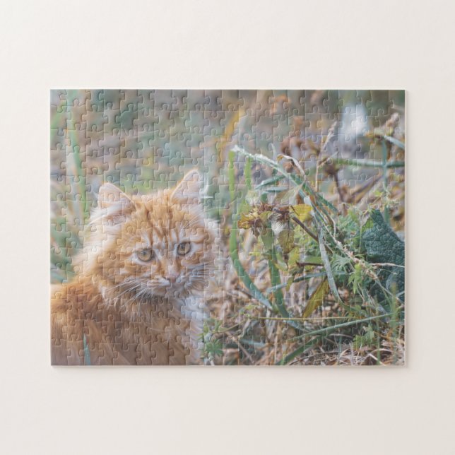 Niedliche Funky Ginger Cat Kitten Face Grass Puzzle (Horizontal)