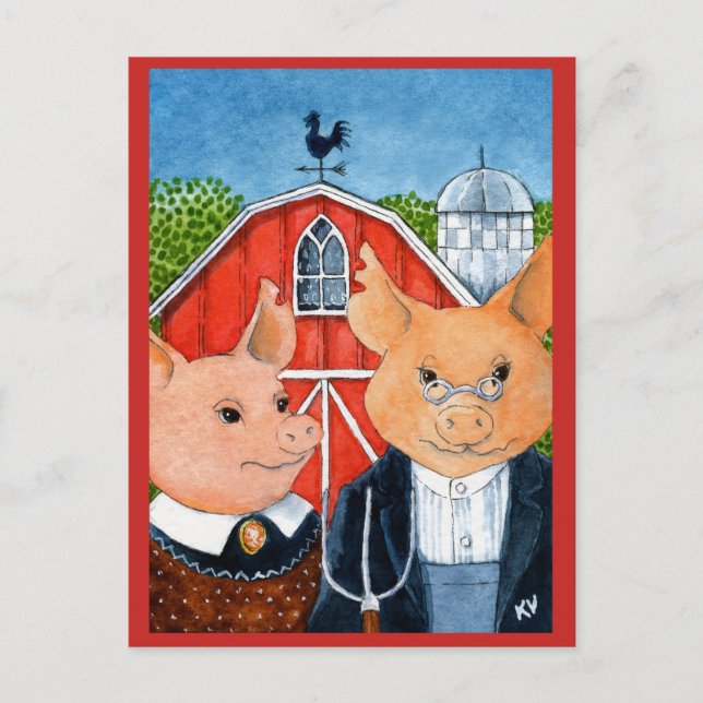 Niedliche Funny American Gothic Schweinefarm Postk Postkarte (Vorderseite)