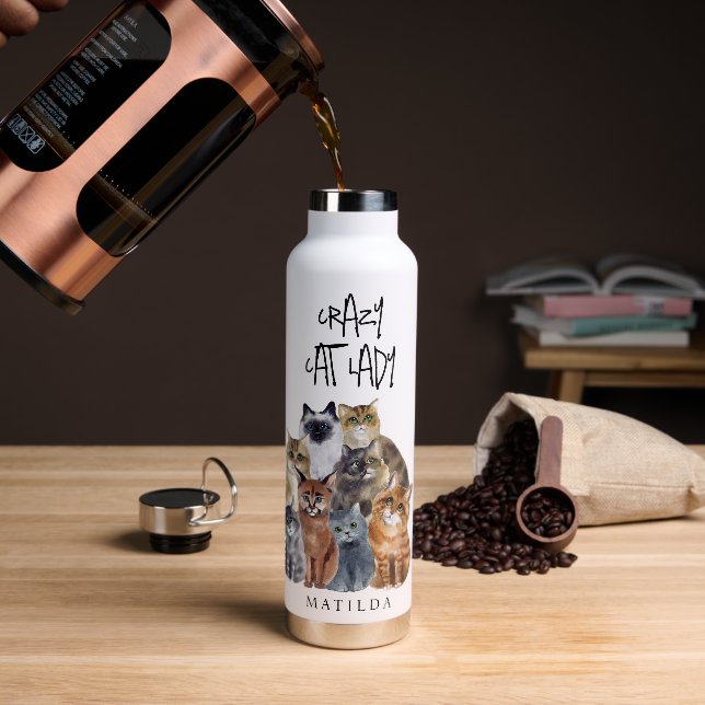 Niedliche Funny Cat 'Crazy CAT Lady' Trinkflasche (Kaffee)