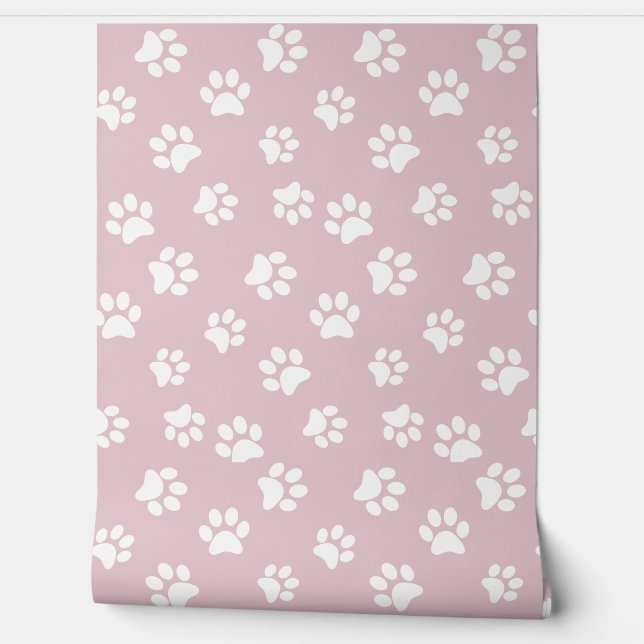 Niedliche Funny Cat Dog Paw Prints White & Blush P Tapete (Abrollen)
