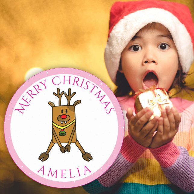 Niedliche Funny Deer Christmas Kid`s Name Geschenk Runder Aufkleber (Von Creator hochgeladen)