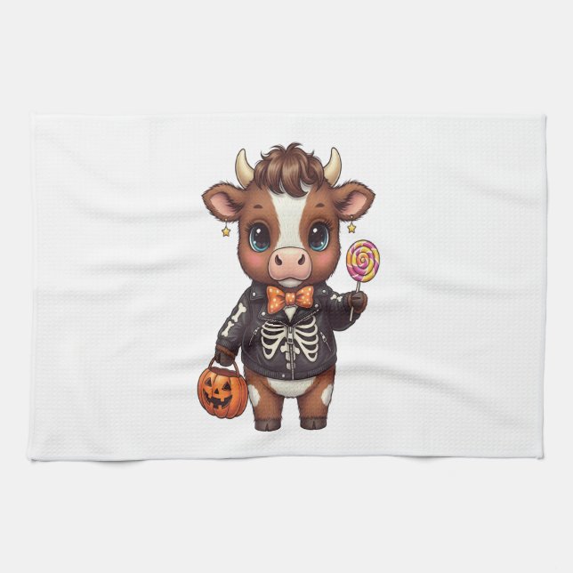 Niedliche Funny Halloween Highland Cow Geschirrtuch (Horizontal)
