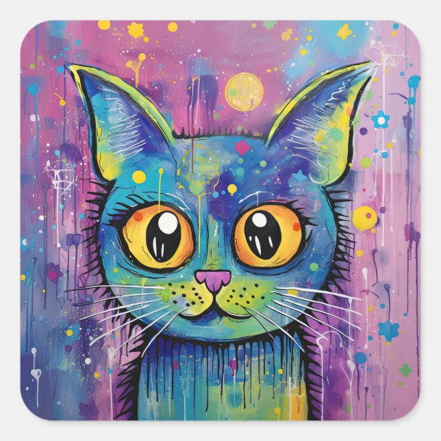 Niedliche Funny Kitty Cat Mixed Media Animal Pet Quadratischer Aufkleber (Vorderseite)