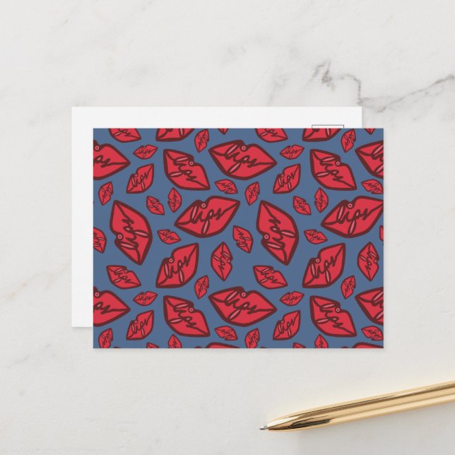 Niedliche Funny Lips Muster Dunkle Hintergründe Po Postkarte (Vorderseite/Rückseite Beispiel)