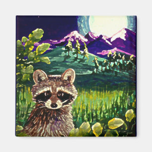 Niedliche Funny Raccoon Moon Mountains Kreationart Magnet