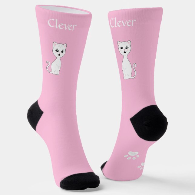 Niedliche Funny White Cat & Paws on Light Pink Socken (Gewinkelt)