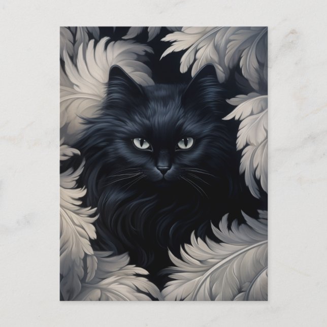 Niedliche Furry Black Cat umgeben von weißen Feder Postkarte (Vorderseite)