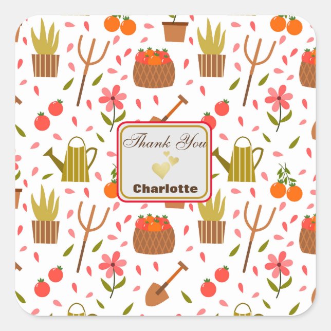 Niedliche Gartenwerkzeuge und Pflanze Nahtloses Mu Quadratischer Aufkleber (Vorderseite)