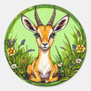 Niedliche Gazelle in einer blühenden Graslandschaf Runder Aufkleber
