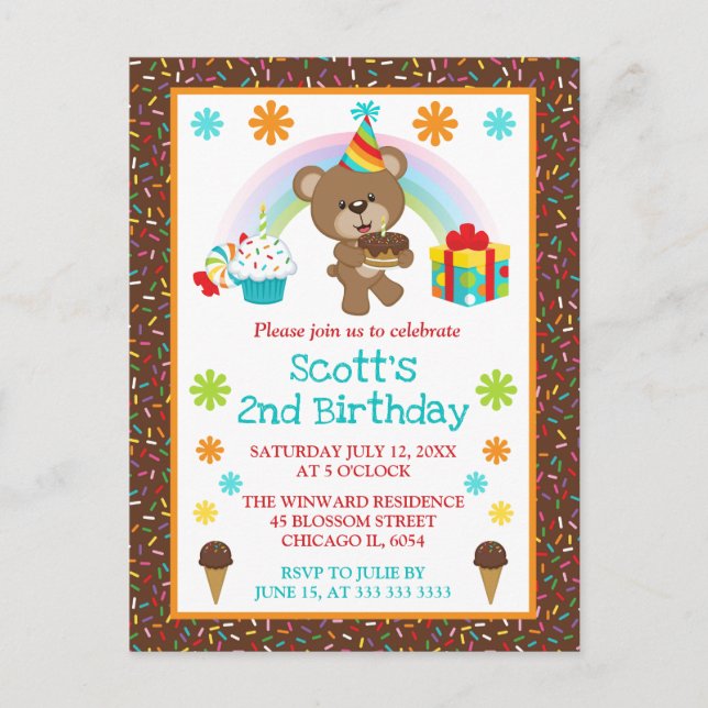 Niedliche Geburtstag Bear & Rainbow & Cake Postkarte (Vorderseite)