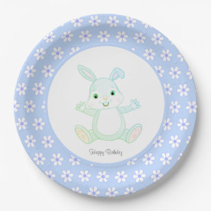 Niedliche Geburtstag Bunny & Blume auf Light Blue Pappteller