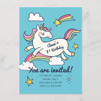 Niedliche Geburtstag Doodle Rainbow Unicorn und St Einladung