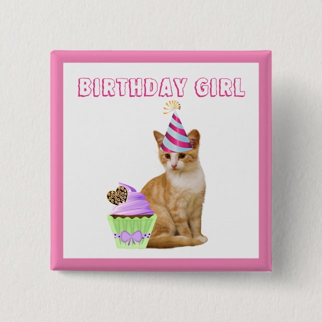 Niedliche Geburtstag Girl with Kitty Cat Button (Vorderseite)